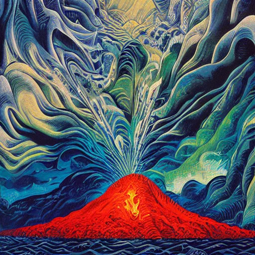 Image similar to vulcano, lava, ocean, surreal by dan mumford and umberto boccioni, oil on canvas