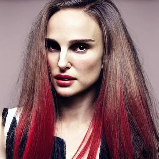 Prompt: “Natalie Portman portrait, red black white colors, long white hair, space on the background, red eyes”
