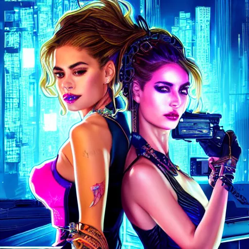 Image similar to sofia vergara and ana de armas double portrait futuristic cyberpunk cowgirls, neon light rooftop, fantasy, intricate and very beautiful and elegant, highly detailed, digital painting, artstation, concept art, smooth and sharp focus, tight fit, leather, illustration, art by tan zi and ayanamikodon and alphonse mucha and wlop
