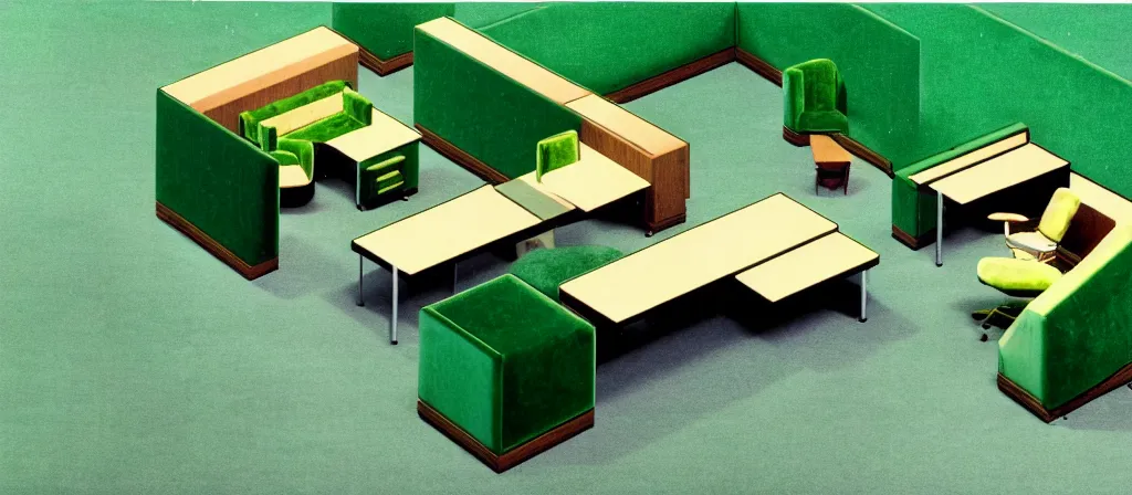 Image similar to huge sprawling gargantuan angular dimension of infinite indoor landscape 7 0 s green velvet and wood with metal furniture office. surrealism, mallsoft, vaporwave, 7 0 s office furniture catalogue, shot from above, epic scale by escher