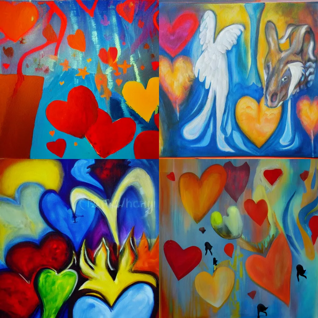 Prompt: abstract painting including hearts, angels, fires, and kangaroos