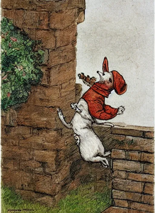 Image similar to jack russel terrier jumping on brick structure, illustrated by peggy fortnum and beatrix potter and sir john tenniel