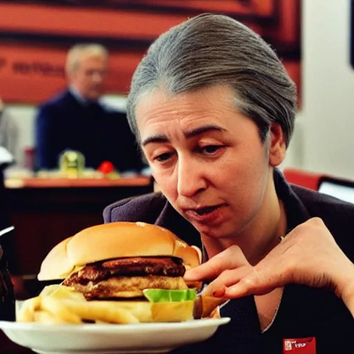 Prompt: krachkovskaya eats burgers