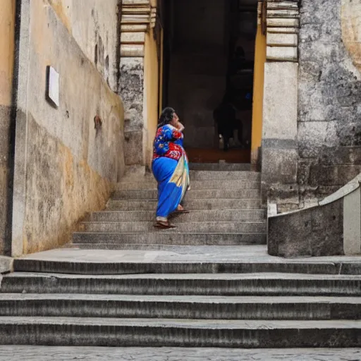 Prompt: an obese indian woman in a wheelchair on steps in Porto, detailed photo