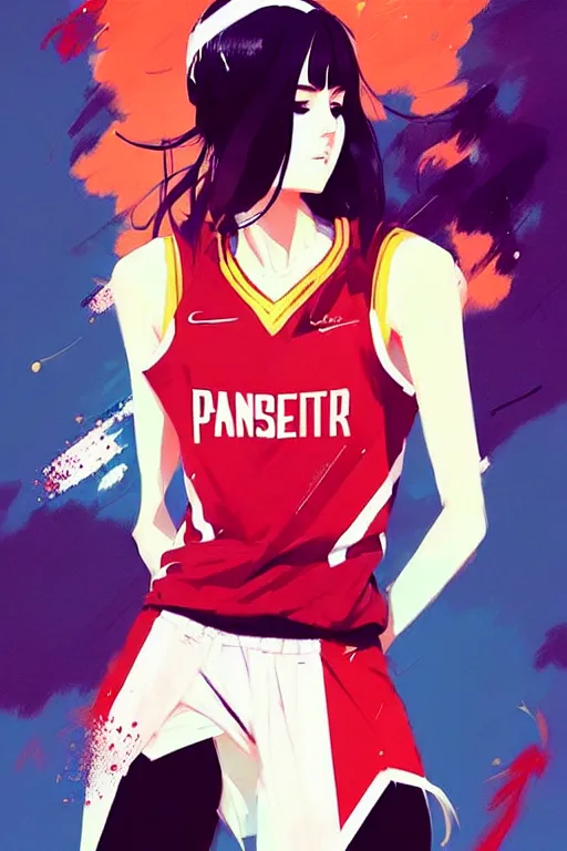 Image similar to a ultradetailed beautiful panting of a stylish girl in a basketball jersey, by conrad roset, greg rutkowski and makoto shinkai, trending on artstation