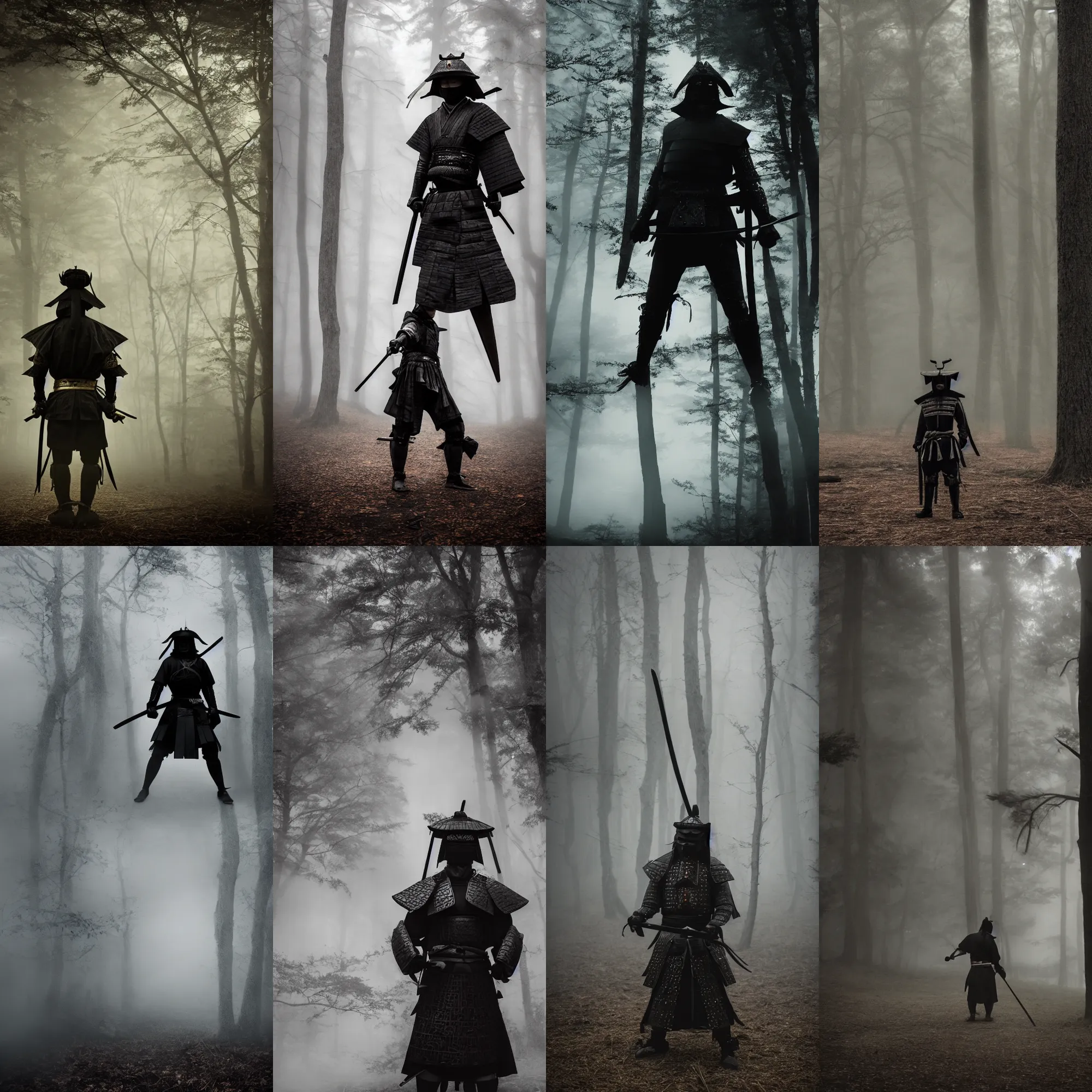 Prompt: a photo of a samurai in wicked black armor with his sword drawn ready to fight, in a dead forest, gentle fog, eerie lighting, cinematic, sense of danger, 3d, extremely high aperture.