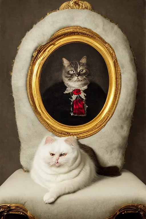 Prompt: a magnificent tintype portrait of a silly looking fluffy fat cat on an embroidered velvet cushion on a neo - rococo gilded little bed with precious stones, ball of yarn, by david lachapelle, photorealistic, photography, wide shot