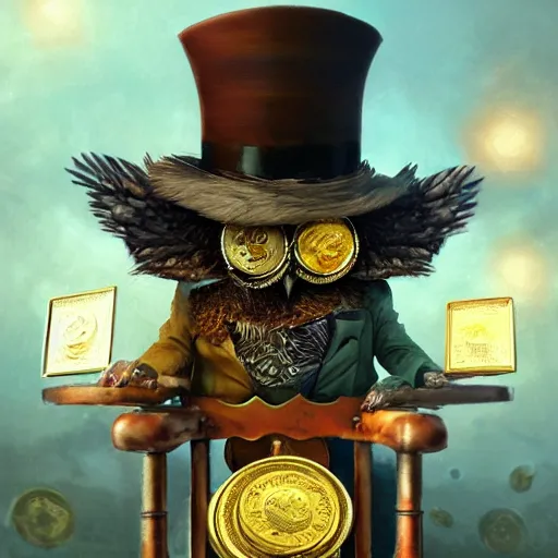 Image similar to oil painting of grumpy rich steampunk owl, sitting in fancy chair, wearing top hat, holding gold coin, steampunk factory background, machines in background, sharp focus, fantasy style, octane render, volumetric lighting, 8k high definition, by greg rutkowski, highly detailed, trending on art Station, magic the gathering artwork, centered, deviantart,