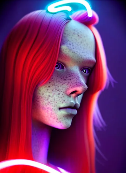 Image similar to a beautiful redhead scandinavian female humanoid with freckled cheek, cyber neon lighting, by loish, d & d, fantasy, futurism, cyberpunk fashion clothing, elegant profile posing, accurate anatomy, hyper photorealistic, digital photography, artstation, pinterest, concept art, art by pascal blanche and greg rutkowski,