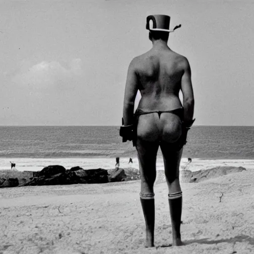 Prompt: Napoleon visiting the beach in bikini, historical black and white picture