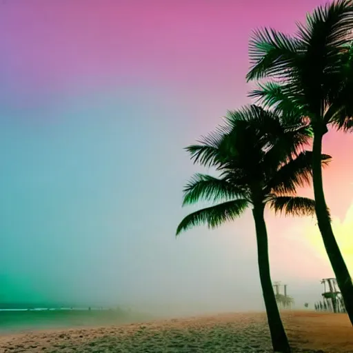 Image similar to palm trees on the beach, fog, pink-blue-green light, landscaping, natural, outdoor spaces,
