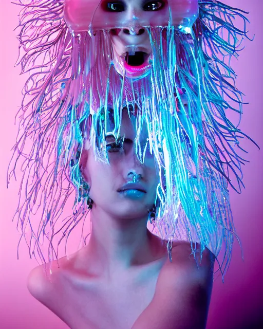 Image similar to natural light, soft focus portrait of a cyberpunk anthropomorphic jellyfish with soft synthetic pink skin, blue bioluminescent plastics, smooth shiny metal, elaborate ornate head piece, piercings, skin textures, by annie leibovitz, paul lehr