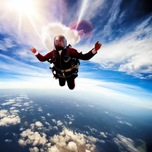 Prompt: drama photo of a man in a buisness suit skydiving, from the view of someone on the ground, beautiful dramatic clouds illuminated by the sun in the style of craig mullins