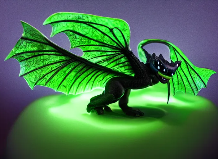 Prompt: realistic glowwave minature of toothless on a mysterious world, hyper realism, intricate detailed, 1 0 0 mm, photography, studio quality, smooth