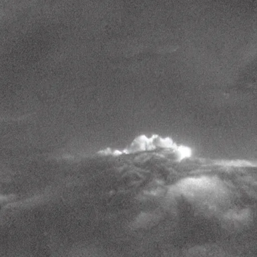 Image similar to combat drone strike war footage, ir, iridescent saturated infrared camera, very high contrast, nuclear cloud, high angle vertical