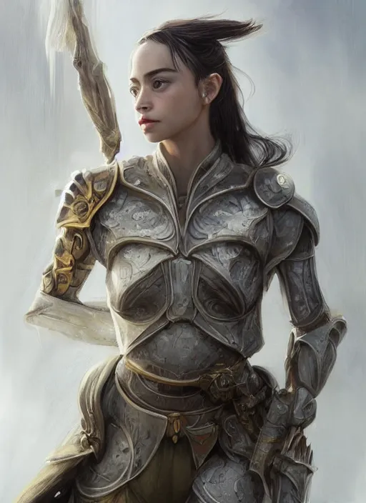 Image similar to a professional portrait of a beautiful young female, clothed in ethereal battle armor, olive skin, long dark hair, beautiful bone structure, symmetrical facial features, intricate, elegant, digital painting, concept art, smooth, sharp focus, finely detailed, illustration, from Valerian and the City of a Thousand Planets, in the style of Ruan Jia and Mandy Jurgens and Artgerm and Greg Rutkowski and William-Adolphe Bouguerea