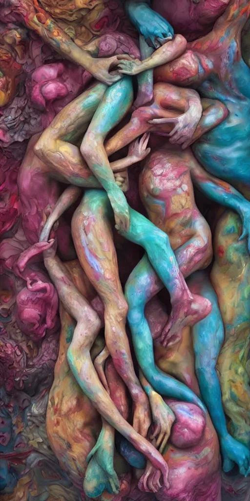 Image similar to closeup photograph of a surrealist sculpture human bodies intertwined, a lovely cornucopia of flowers and human body parts, body parts, paint pour, swirling paint, muted color palette, earth tone colors, skin tones, highly detailed, octane render, cinematic