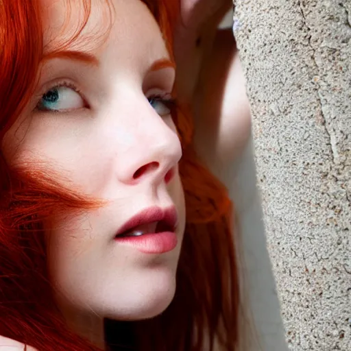 Image similar to very beautiful redhead woman looking back over her shoulder, eye contact, hyper realistic