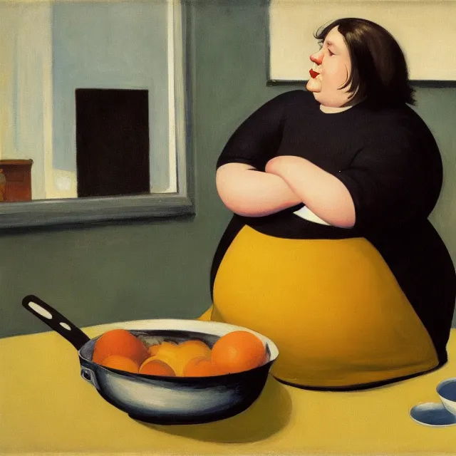 Prompt: a fat lady dressed in black holding a large frying pan edward hopper