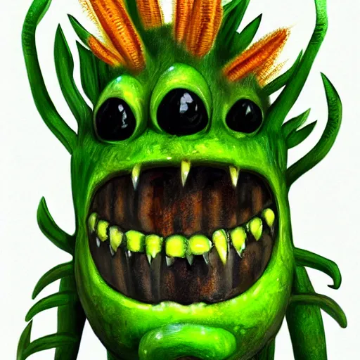 Prompt: Plant monster with a menacing smile and amber teeth, green body, semi realistic, trending on art station
