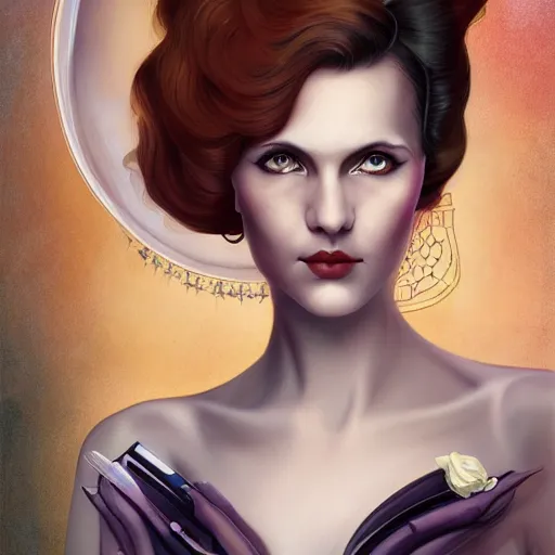 Image similar to an art nouveau, ( streamline moderne ), multi - racial portrait in the style of anna dittmann and charlie bowater and chanthara. very large, clear, expressive, and intelligent eyes. centered, ultrasharp focus, dramatic lighting, photorealistic digital matte painting, intricate symmetrical ultra detailed background.