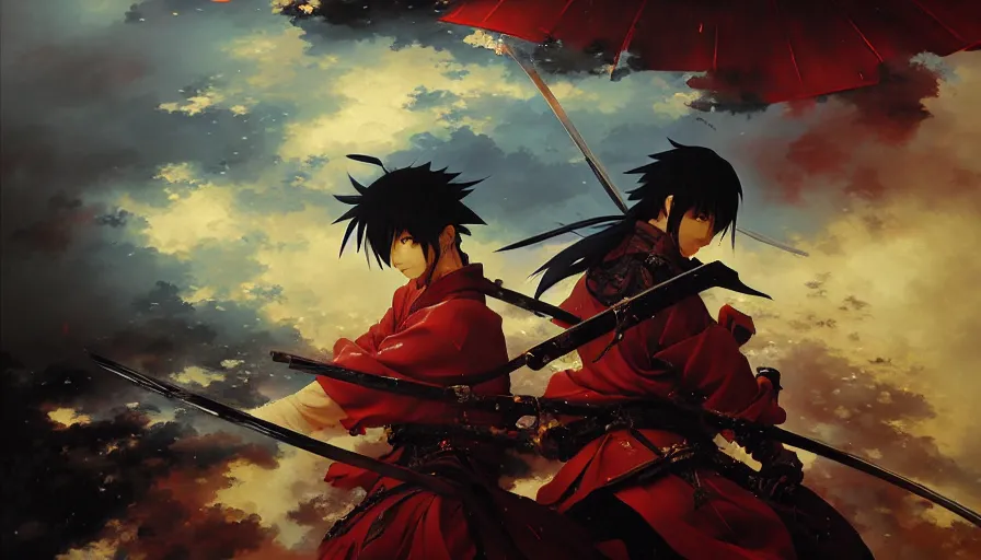 Image similar to baroque oil painting of key visual samurai war, rain, storm, final fantasy, fake detail, trending pixiv fanbox, acrylic palette knife, style of makoto shinkai takashi takeuchi yoshiyuki sadamoto greg rutkowski chiho aoshima