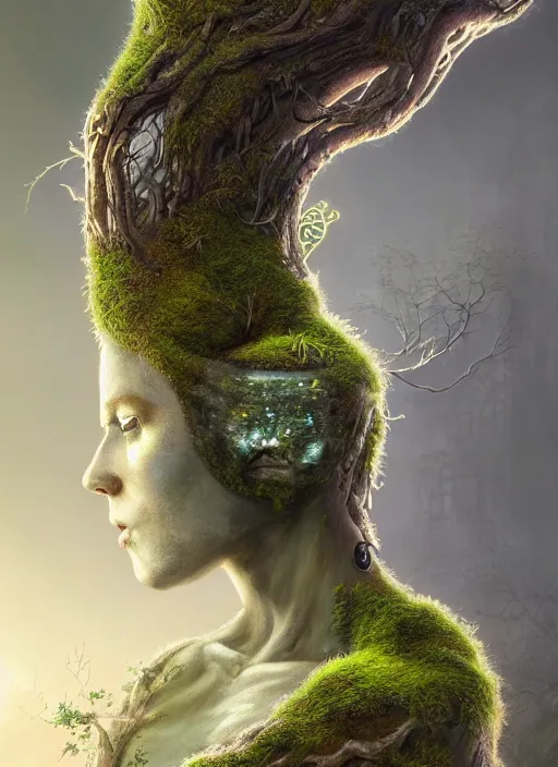 Image similar to Portrait of an Ancient Cyborg with a tree growing out of her head, moss, translucent leaves, extremly detailed digital painting, in the style of Tomasz Alen Kopera and Fenghua Zhong and Peter Mohrbacher, mystical colors, rim light, beautiful lighting, 8k, stunning scene, raytracing, octane, trending on artstation