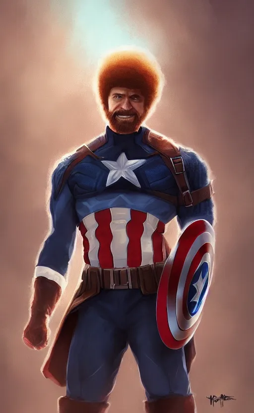 Image similar to bob ross as captain america, dynamic lighting, cinematic, ultra detailed, trending on art station, stunning visuals, creative, fantasy concept art