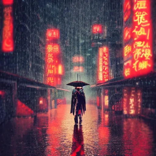 Image similar to geisha in a cyberpunk rainy city at night with a torii in the background, high quality, high detail, 4K, UHD, trending on ArtStation, blade runner vibes, ghost in the shell