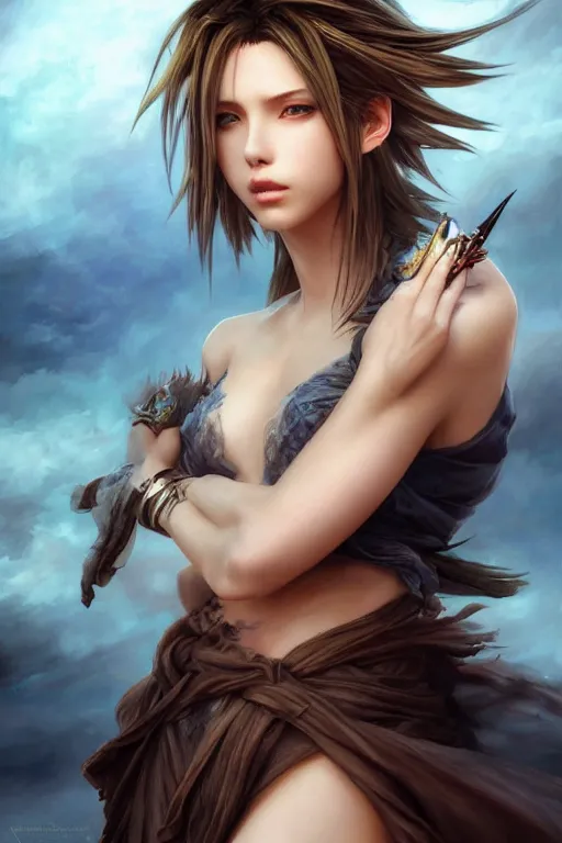 Prompt: seductive looking final fantasy x, windy hair!!, screaming, surreal dark fantasy, cinematic volumetric lights, full body portrait, dnd, intricate, elegant, highly detailed, digital painting, artstation, concept art, smooth, sharp focus, illustration, art by artgerm and tom bagshaw and greg rutkowski and alphonse mucha