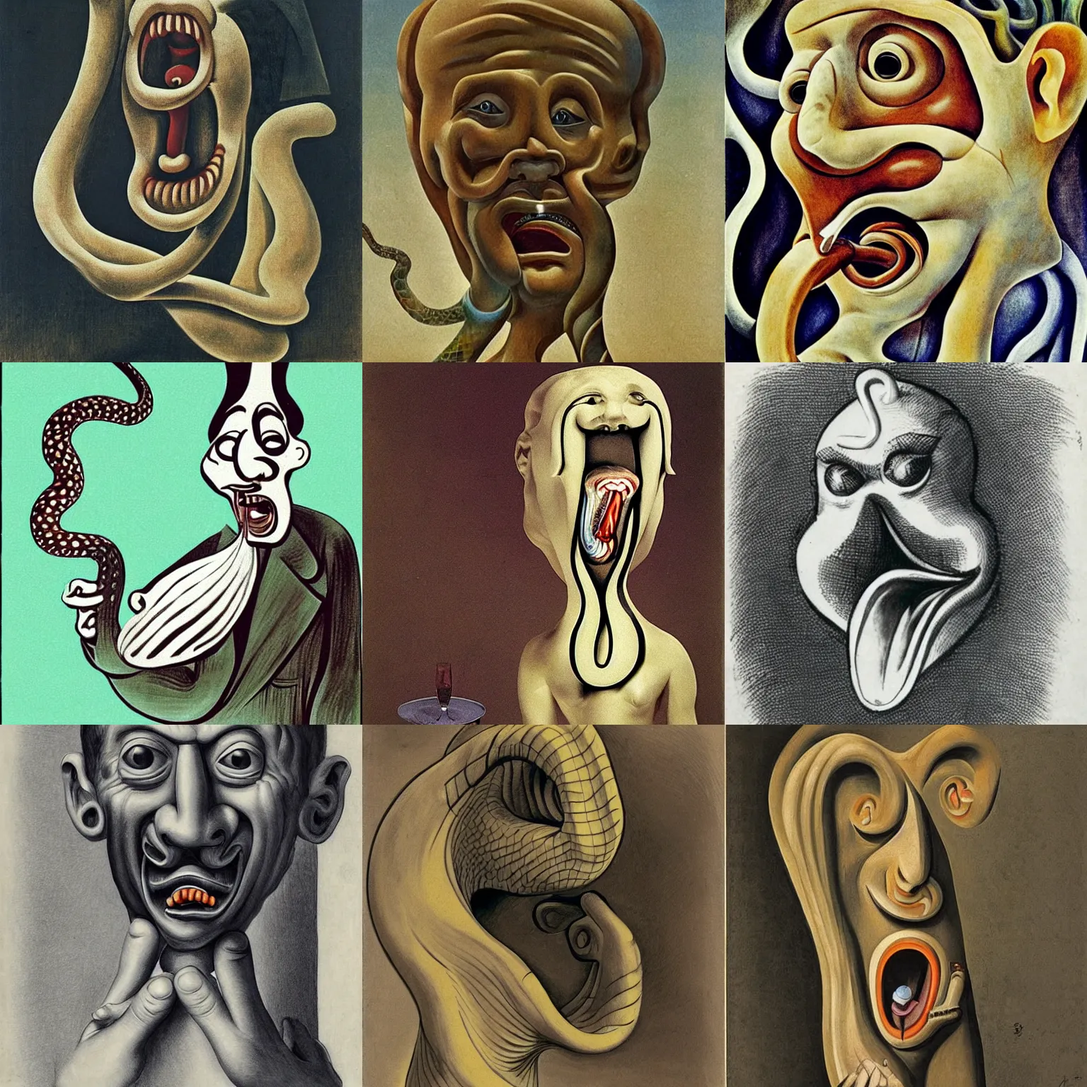 Prompt: man with a snake’s tongue coming out of his mouth, 3D, chibi, anime, Gaudí, Dali, Picasso