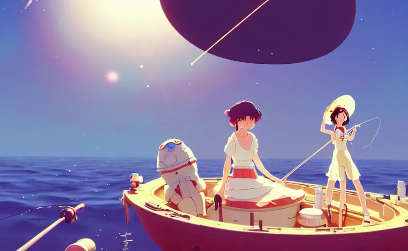 Image similar to a movie still from a space opera studio ghibli animation of a cute woman on a fishing boat wearing a sunhat, studio ghibli, pixar and disney animation, sharp, rendered in unreal engine 5, anime key art by artgerm and pascale campion, beautiful dramatic lighting