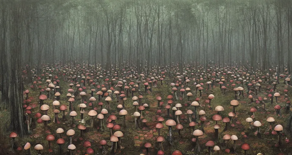 Image similar to A tribal village in a forest of giant mushrooms, by Dan Witz