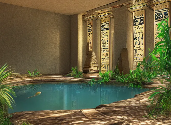 Prompt: Ancient Egypt interior with a pond and plants, digital art