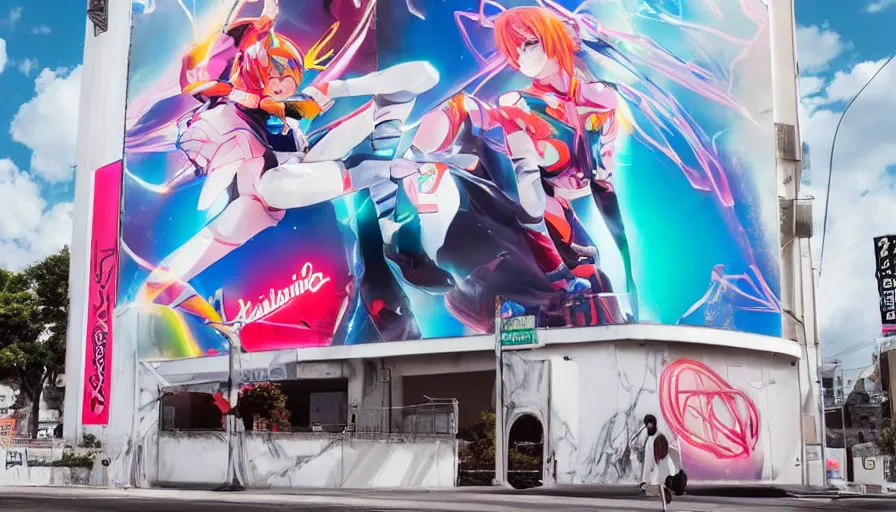 Image similar to billboard advertisement with an extremely beautiful photo of a white marble statue of an anime girl with colorful motocross logos and motorcycle helmet with closed visor, colorful smoke in the background, carved marble statue, fine art, neon genesis evangelion, virgil abloh, offwhite, denoise, highly detailed, 8 k, hyperreal