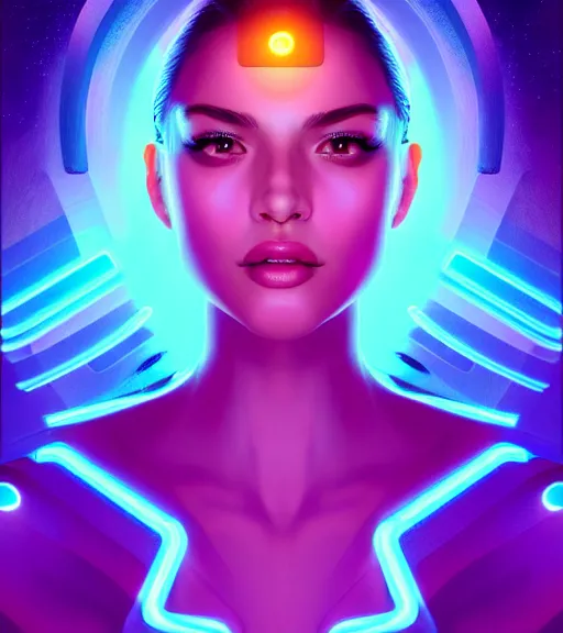 Image similar to symmetry!! latin princess of technology, solid cube of light, hard edges, product render retro - futuristic poster scifi, lasers and neon circuits, beautiful woman latin princess, intricate, elegant, highly detailed, digital painting, artstation, concept art, smooth, sharp focus, illustration, dreamlike, art by artgerm