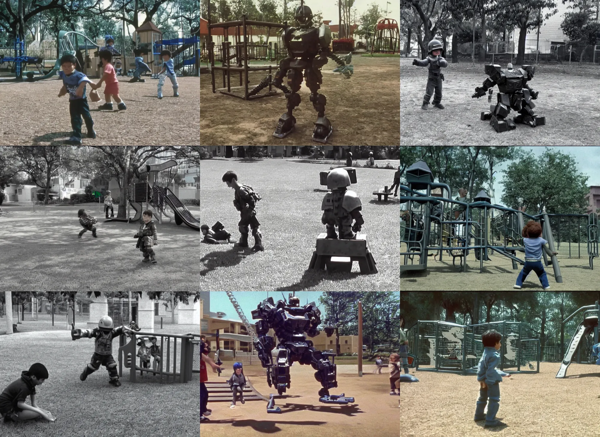 Prompt: home video footage, armored core child playing in the playground, 1 9 9 0