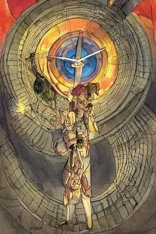 Prompt: wizard in the concentric clock prison,art by Teddy Harvia and Hidetaka Tenjin and Matt Fox,trending on artstation, foreign lighting rear view,Fantastic Planet ,tilt-shift ,closeup,still life ,watercolor painting,