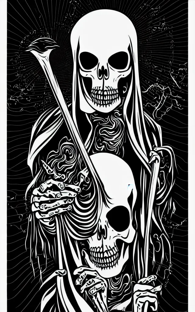 Prompt: adobe illustrator vector graphics digital art of an grim reaper, psychedlic monochromatic duoblend