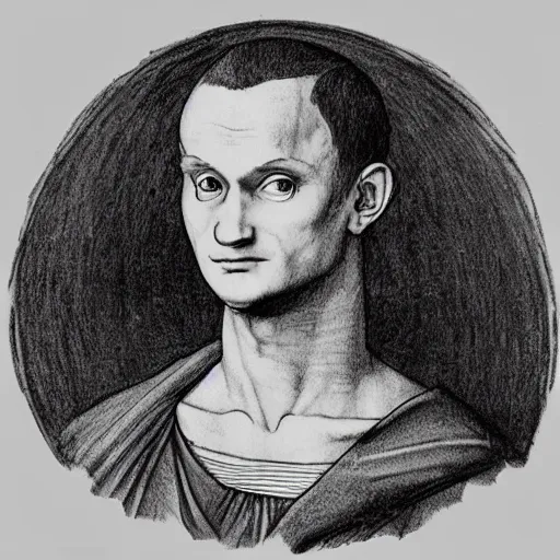 Prompt: vitalik buterin, drawing by leonardo da vinci