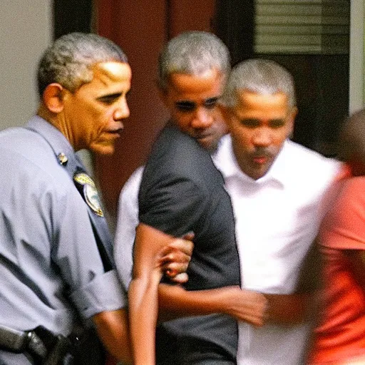 Prompt: blurry still of obama being arrested, grain