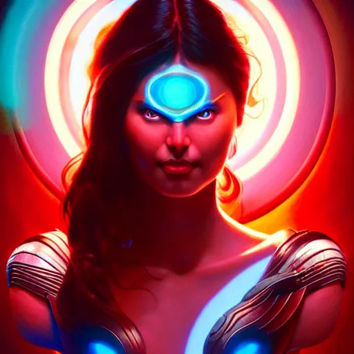 Prompt: darna, wax figure, glowing eyes, volumetric lights, red and cyan theme, art nouveau botanicals, intricate, highly detailed, digital painting, artstation, concept art, smooth, sharp focus, cinematic, illustration, beautiful face, art by artgerm and greg rutkowski and alphonse mucha