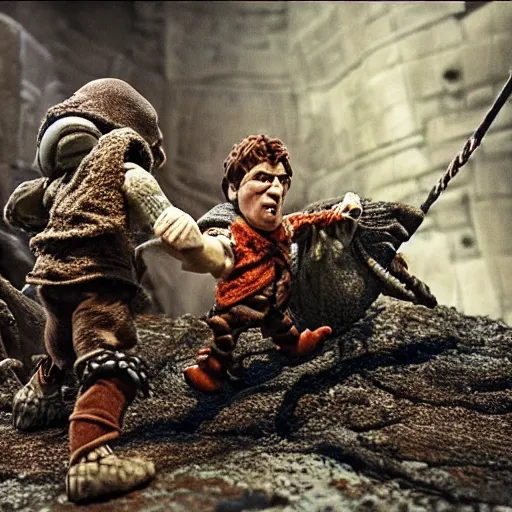 Image similar to claymation of samwise fights shelob, gritty, tilt shift, award winning, highly textured, very detailed!, eerie