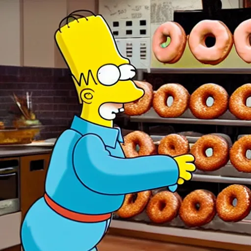 Prompt: homer simpson drooling at the sight of a donut mountain