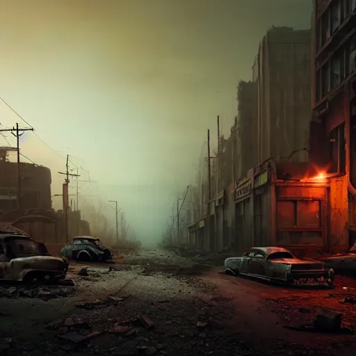 Prompt: fallout 5, ruined city environment, low density urban zone, rusted vintage cars and trucks mysterious atmospheric lighting, matte painting, intricate, iridescent, volumetric lighting, beautiful, rich deep colours masterpiece, fog golden hour, golden ratio, sharp focus, ultra detailed, by leesha hannigan, ross tran, thierry doizon, kai carpenter, ignacio fernandez rios