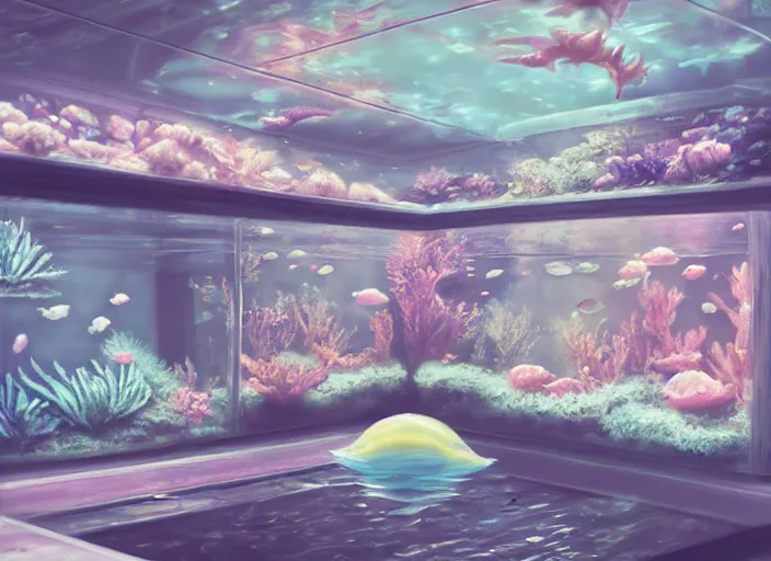 Prompt: placid pastel morning cozy moody cluttered painterly fluffy tiny cramped aquatic pet store, lots of aquariums, slanted ceiling, tiny space, particulate, trending on pixiv