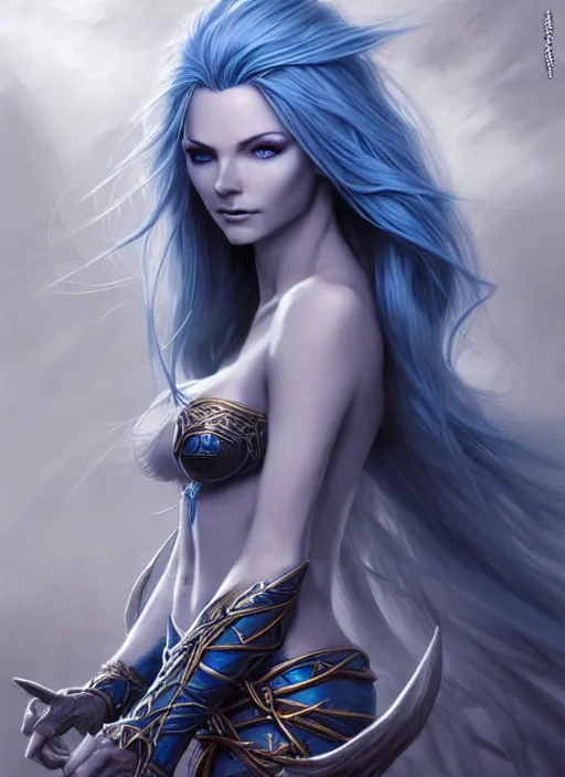 Prompt: d & d concept art of gorgeous elven woman with blue hair in the style of stefan kostic, realistic, half body shot, sharp focus, 8 k high definition, insanely detailed, intricate, elegant, art by stanley lau and artgerm, luis royo, foggy backgeound, fantasy