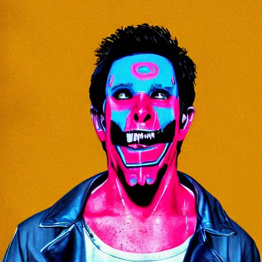 Prompt: dennis reynolds wearing half of a jason hokey mask. pink and blue neon with red and black letters in neon font that says the golden god butcher knife movie poster