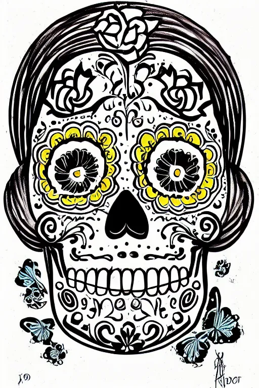 Image similar to illustration of a sugar skull day of the dead girl, art by paul booth