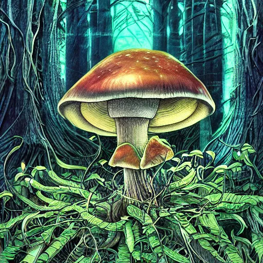 Prompt: a closeup of a mushroom in a forest, Android Jones Artwork